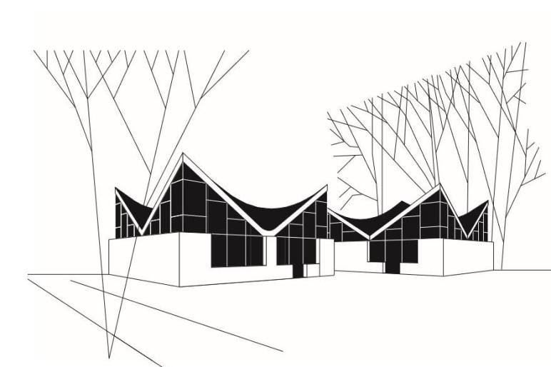 Grafika, czarno-biały schematyczny rysunek dwóch pawilonów handlowych na osieldu.